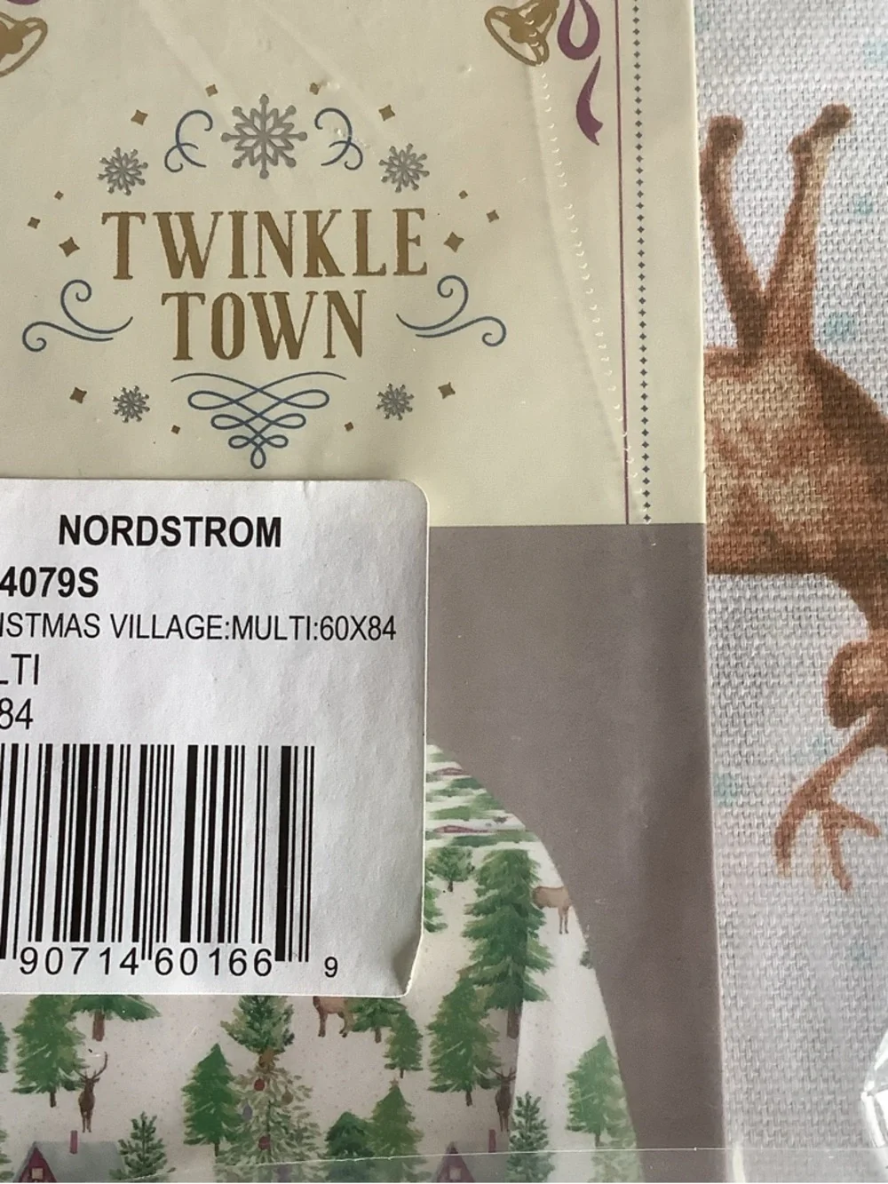 Festive Holiday Cotton Tablecloth with Green Tree, Reindeer and Cabin design